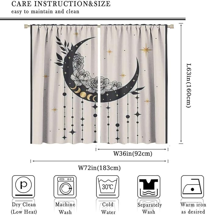 Witchy Curtains, Moody Curtains for Bedroom, Goth Curtains, Moth Curtains Moon Curtains for Bedroom Living Room W72xL63 Inch