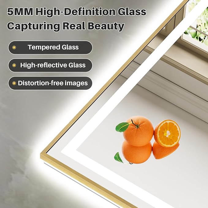 24x36 Inch LED Bathroom Mirror with Gold Frame, Backlit & Front Lit, Anti-Fog Lighted Bathroom Vanity Mirror for Wall, Memory Function, Dimmable, HD Tempered Glass, Shatter-Proof