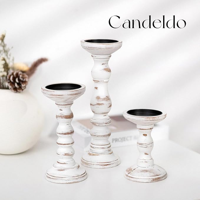 Candeldo Wood Candle Holders for Pillar, White Farmhouse Fireplace Decor | Set of 3, Table Centerpiece, Tall Shabby Chic Decor, Wooden Rustic Decoration for Mantle