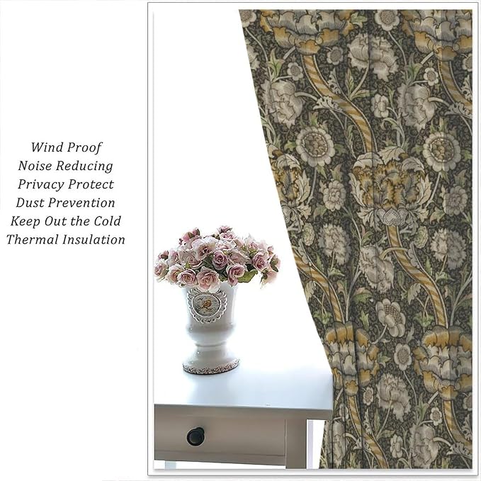 William Morris Curtains, Rustic Vintage Print Retro Flower Plant Nature Art Floral Blackout Window Treatments Drapes, for Living Room Bedroom Kitchen 42(W)*84(L) 2 Panels