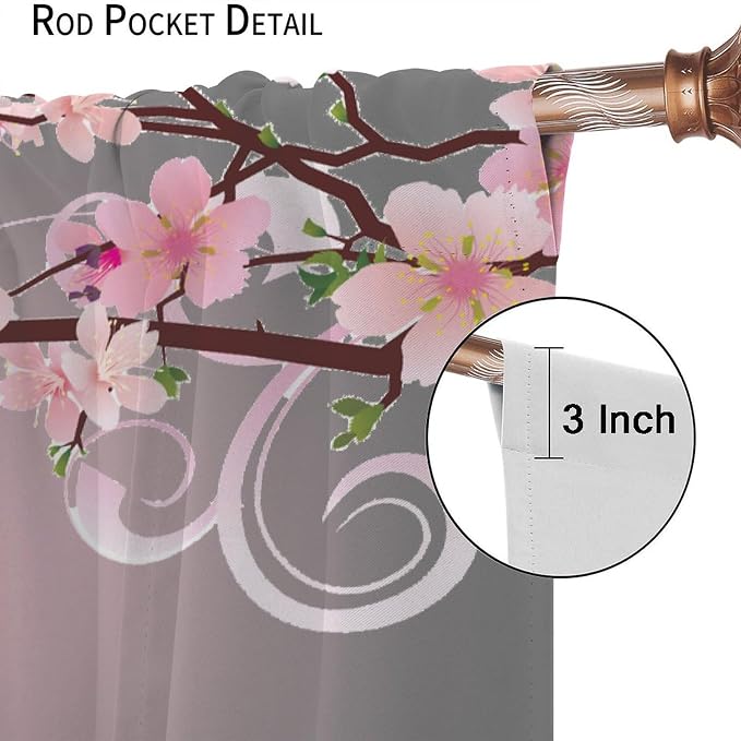 Cherry Blossom Curtains,Pink Flower Japanese Floral Print Window Treatments for Bedroom Living Room Kitchen Polyester Fabric Window Drapes 2 Panels Set,Total Size 63 x 72 Inch