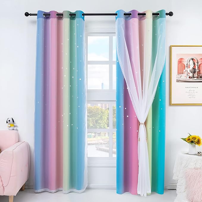 Stiio Girls Star Cutout Curtains 2 Panels, Room Darkening Blackout Curtains with Sheer Princess Yellow Pink Ombre Stripe Window Curtains for Nursery Home Decor, W52 x L95 inches