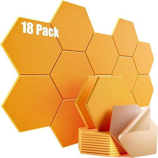 18 Pack Self-adhesive Acoustic Panels 12" X 10" X 0.4" -Sound Proof Foam Panels for wall with High Density, Hexagon Design, Flame Resistant, Absorb Noise and Eliminate Echoe(Orange Yellow)