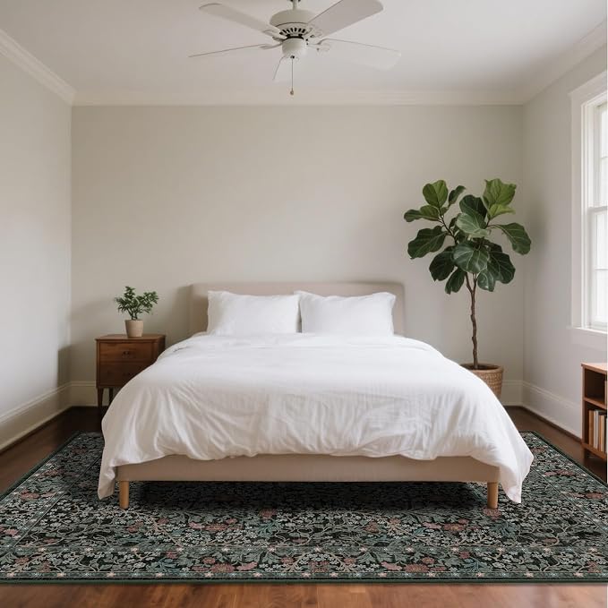 9x12 Washable Area Rugs for Living Room, Stain Resistant Vintage Rugs for Dining Room Under Kitchen Table, Bedroom, Floral Low Pile Non-Slip Large Carpet (9 x 12 Dark Green)