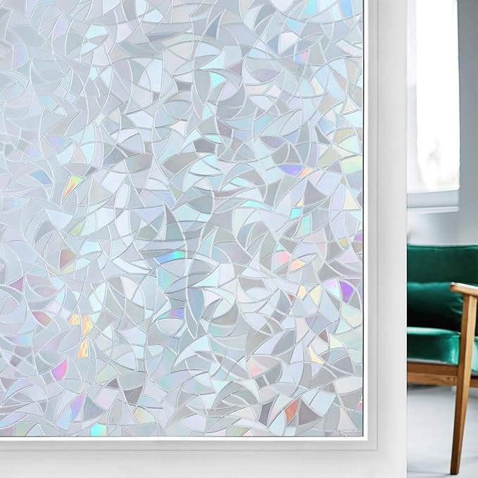 rabbitgoo Window Privacy Film Rainbow Film Decorative Window Sticker, 3D Static Stained Glass Cling Tint for Home Heat Control Non-Adhesive, Grayish Silver, 35.4 x 78.7 inches