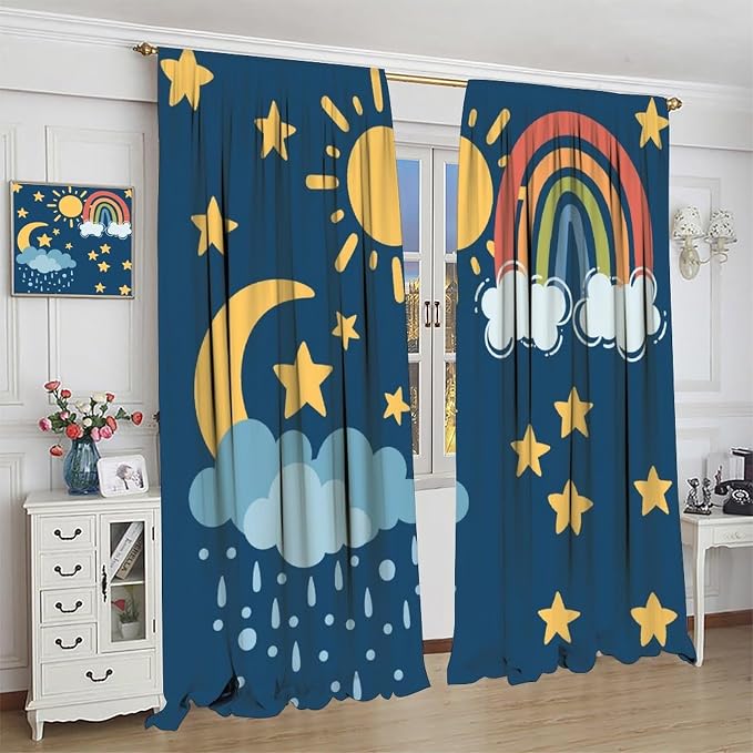 Sun Moon Blackout Curtains, Rainbow Cartoon Cute Moon Sun Star Cloud Colorful Window Drapes, for Kids Bedroom Living Room 84" W X 84" L