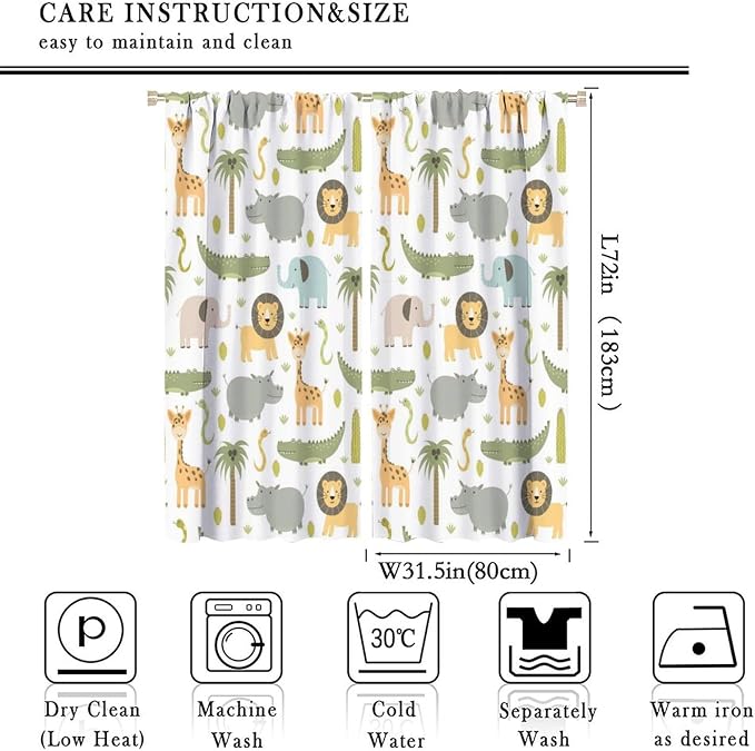 Nursery Safari Animals Curtains, Baby Boy Girl Kids Woodland Jungle Forest Lion Elephant Printed Curtains for Living Room Bedroom Window Drapes 2 Panel Sets63x72 Inch