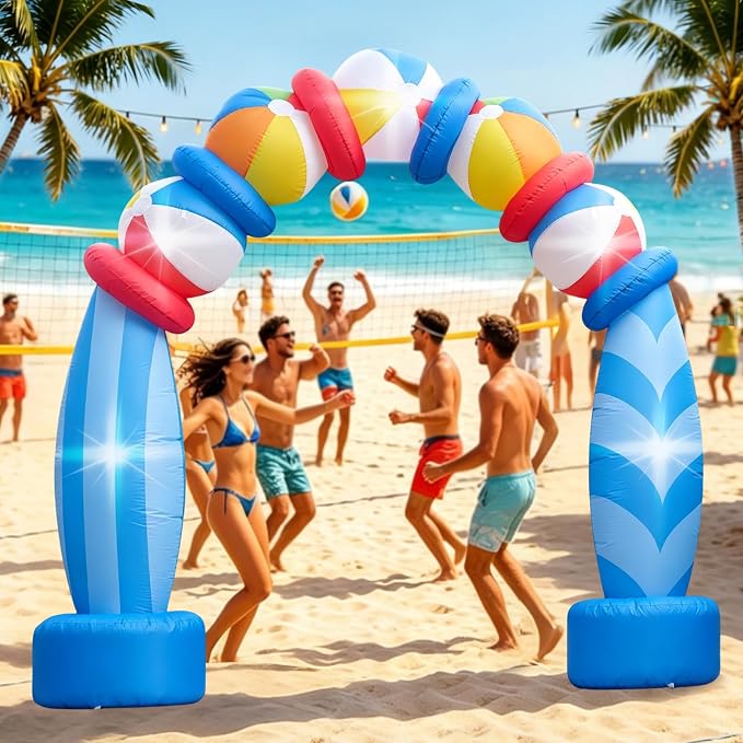 7.6FT Beach Ball Surfboard Blow Up Archway, Summer Outdoor Inflatable Decorations with LED Lights, Tropical Inflatable Decoration for Summer Party Backyard Pool Luau Beach Birthday Outdoor Event
