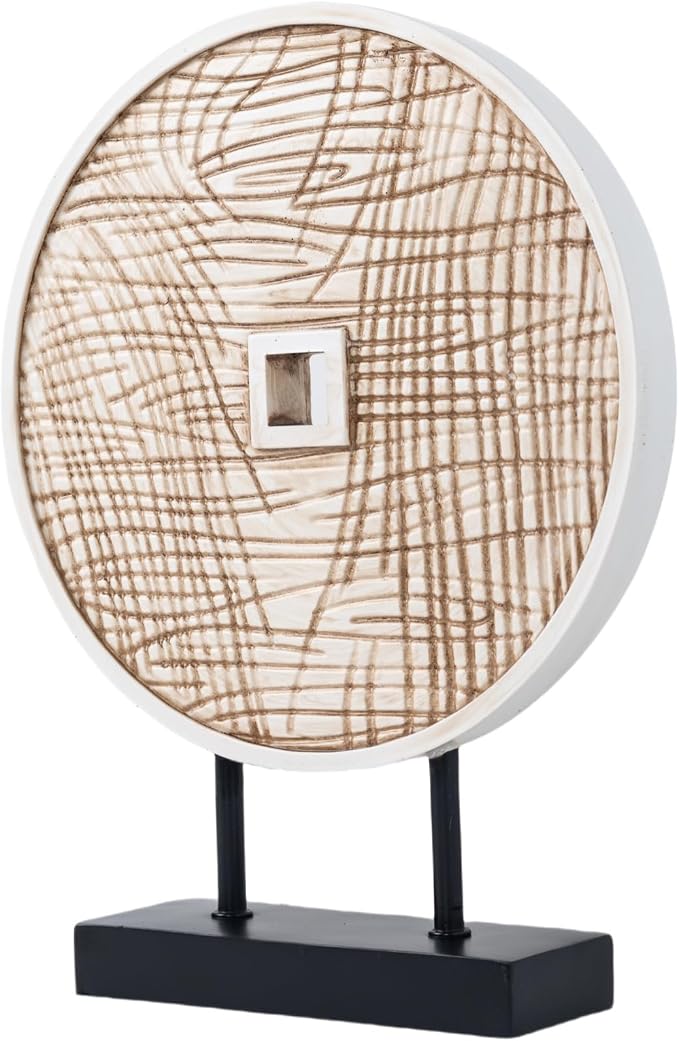 Unique Round Coin Sculpture Decorative Objects for Shelf Home Decor Accents, Modern Abstract Tabletop Decor Items for Living Room Fireplace Mantel, Above Cabinet (Vintage White)