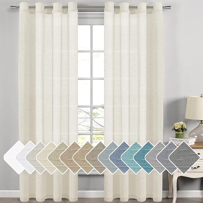 H.VERSAILTEX Natural Linen Semi Sheer Curtains for Living Room Extra Long Curtains Made of Rich Linen Soft Material, Nickel Grommet Window Panel Drapes (Set of 2, 52 by 108 Inch, Ivory)