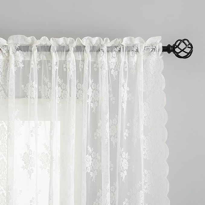 Kotile Lace Curtains 90 Inch Length for Living Room, Country Rustic Floral Sheer Lace Curtains 2 Panels, Rod Pocket Privacy Lace Window Curtains, 52 x 90 Inch, Ivory