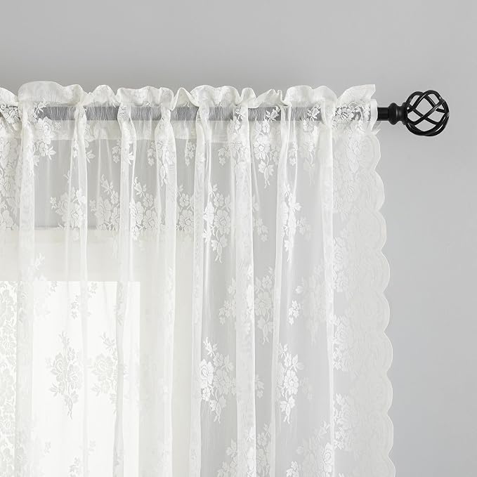 Kotile Ivory Lace Curtains 102 Inches Long for Living Room, 2 Panels Country Rustic Floral Vintage Sheer Lace Curtains, Rod Pocket Light Filtering Privacy Farmhouse Window Curtain Drapes, 52x102 Inch