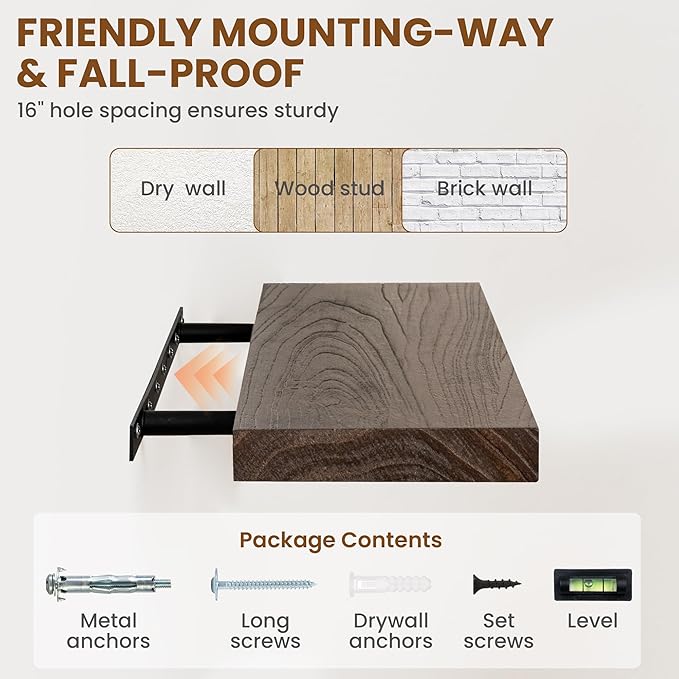 Fun Memories Wood Floating Shelves 24 Inch Long, Rustic Elm Wood Wall Shelves for Farmhouse, Living Room, Kitchen, Wall Mounted Bathroom Shelf Floating Shelf with Invisible Bracket Set of 2, Walnut