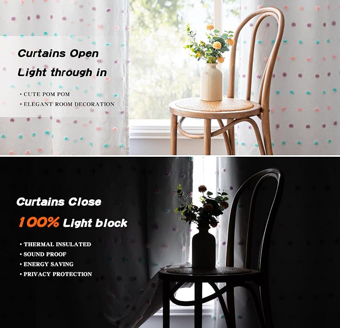 MYSKY HOME 100% Blackout Curtains for Living Room 108 Inch Long Total Light Blocking Curtains for Sliding Glass Door Privacy Protect Grommet 2 Layered Drapes Rainbow Pom Pom Sheer 52 Wide, 2 Pieces