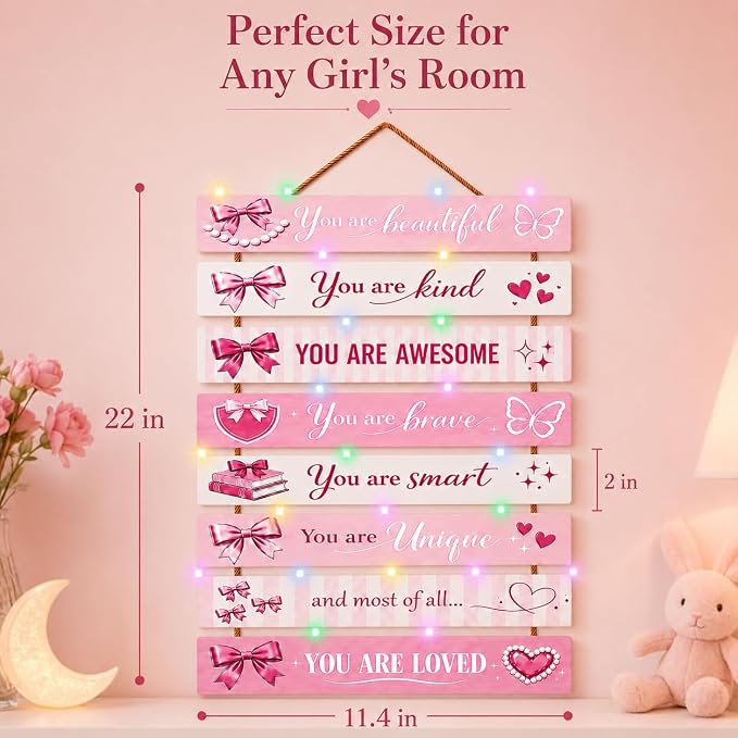 Cute Pink Bow Room Decor Set of 8 with Led Light for Teen Girls Kids Toddler, Preppy Inspirational Bow Wood Nursery Wall Decor for Dorm Bedroom, Dreamy Cozy Chic Motivational Princess Room Decor