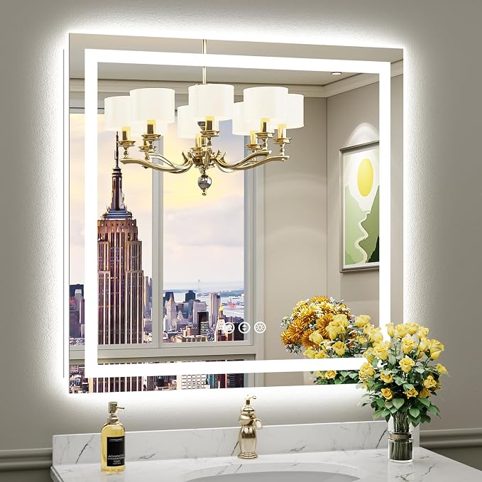 Briivue 36x36 Inch Inch LED Bathroom Mirror with Lights, Front and Backlit Lighted Vanity Mirror for Bathroom Wall with 3 Colors Dimmable, Anti-Fog, Memory, HD Tempered Glass, Shatter-Proof