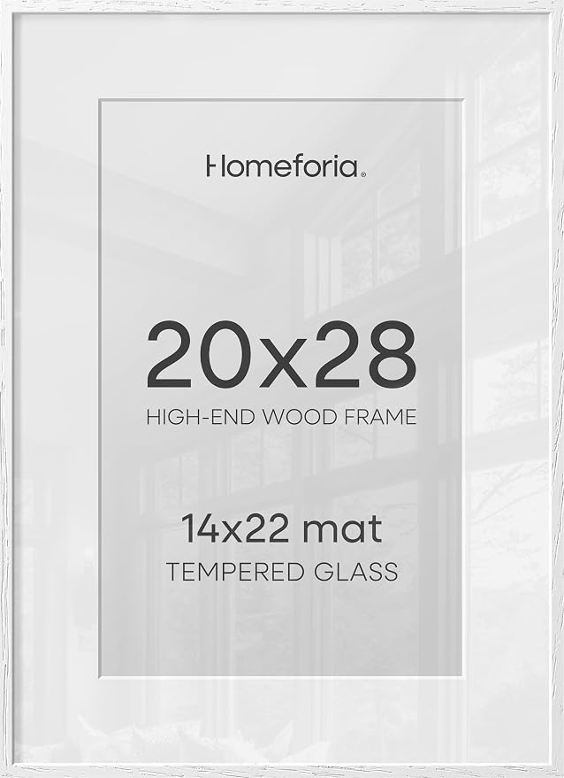 Homeforia 20x28 Picture Frame White, High End Oak 20 x 28 White Wood Poster Frames with Mat 14 by 22 Photo, 20x28 Wooden Frame Matted to 14x22, 28x20 Hanging Frames, Tempered Glass, Wall Kit, Set of 2