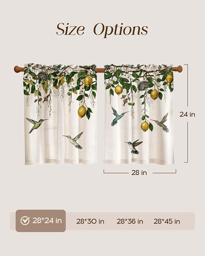 Miss Adola Farmhouse Kitchen Tier Curtains - 24 Inch Length Linen Blend Vintage Cafe Curtains Lemon Bird Small Window Treatments Over Sink Rod Pocket for Bathroom Living Room Light Filtering, 2 Panels