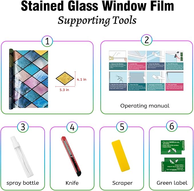 QHY Sunshine Colorful Rainbow Stained Glass Window Film Non-Adhesive Window Privacy Film Reusable Decorative for Room (Chequered Rainbow, 23.6 X 78.7 in)