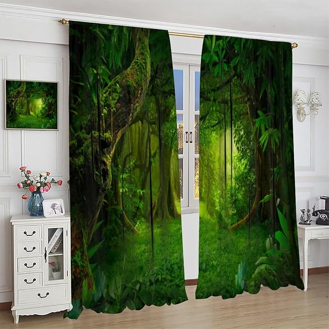 Grey Forest Blackout Curtains for Bedroom,Cartoon Watercolor Nature Mountains Misty Forest Plants Trees Print for Kids Boys Girls Living Room Bathroom 52x96in