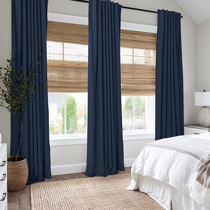 INOVADAY 100% Blackout Curtains 90 Inches Length 2 Panels Set, Back Tab/Rod Pocket Linen Black Out Curtains for Bedroom, Thermal Insulated Window Drapes - Midnight Blue, W50 X L90