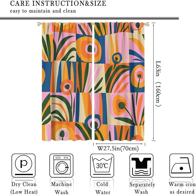 JESTRONRY Mid Century Boho Curtains, Modern Abstract Cute Retro Floral Vintage Checkered Flower Print Blackout Window Door Curtains for Bedroom Living Room Home Decor 55x63in