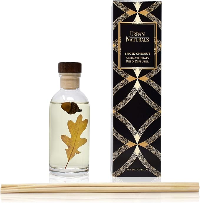 Urban Naturals Reed Diffuser Set, Spiced Chestnut - Bathroom Shelf Décor | Comforting Autumn Scent of Chestnuts, Cinnamon, Clove and Cedar wood with REAL Acorns and Fall Leaves