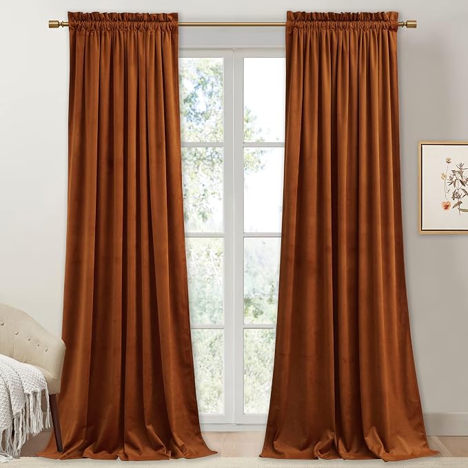 StangH Burnt Orange Velvet Curtains 92 inches Vibrant Room Darkening Drapes for Living Room, Soft Thermal Insulated Divider Curtains, Warm Autumn Home Decor, W52 x L92, 2 Panels