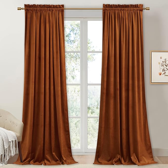 StangH Burnt Orange Velvet Curtains - Vibrant Thermal Insulated Drapes for Living Room, Rod Pocket Soft Thermal Insulated Curtains, Warm Autumn Decor, W52 x L94, 2 Panels