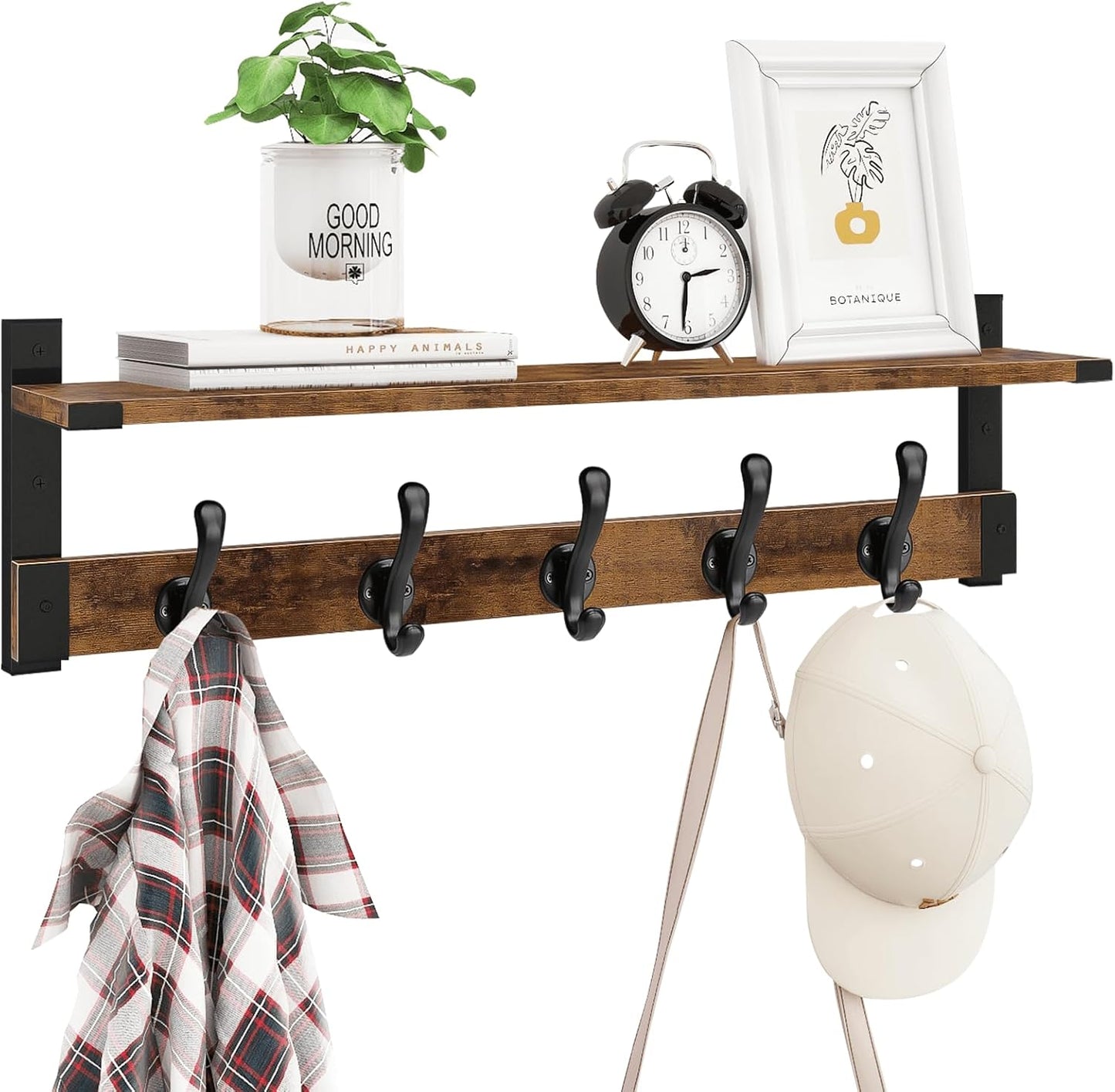 Homode Coat Rack Wall Mount, 29 Inch Long Shelf with Hooks, Wood Entryway Shelf with 5 Hangers for Hanging Hat Jacket Backpack Purse, Rustic Brown Black