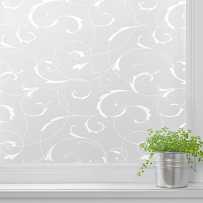 LEMON CLOUD Window Privacy Film, No-Adhesive Static Decorative Window Film, Frosted Stained Glass Window Cling Vine Design (17.5 x 78.7 Inch, White Leaf)