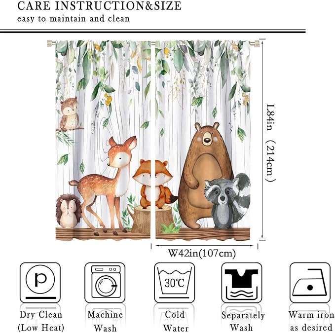 Forest Animal Curtains, Watercolor Wild Animal Bear Fox Deer Kids Window Treatments for Living Room Bedroom,Green Woodland Tree Kids Drapes 2 Panel Sets,84x84 Inch