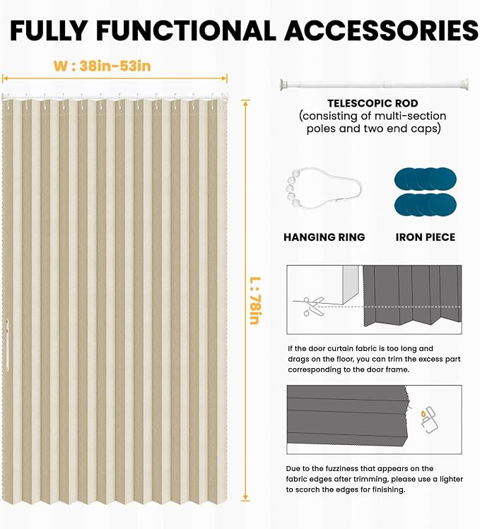 AJAZZ Set: Curtain Rods No Drilling (38-53" W Adjustable Range) & Accordion Door Curtain, Cream White 53W×78" L, Accordion Doors for Closet Doorway Room Divider