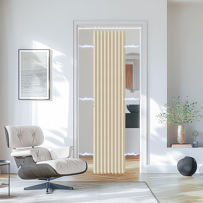 AJAZZ Set: Curtain Rods No Drilling (38-53" W Adjustable Range) & Accordion Door Curtain, Cream White 53W×78" L, Accordion Doors for Closet Doorway Room Divider