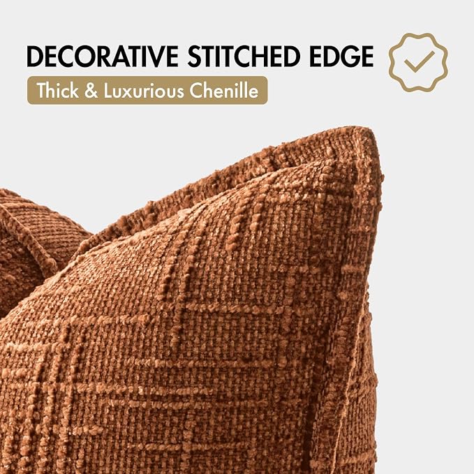 MIULEE Slubby Textured Decorative Throw Pillow Covers 18x18 Inch Set of 2 Boho Farmhouse Soft Cozy Chenille Pillows Cushion Cases Modern Fall Home Decor for Couch Sofa Bed Living Room, Rust