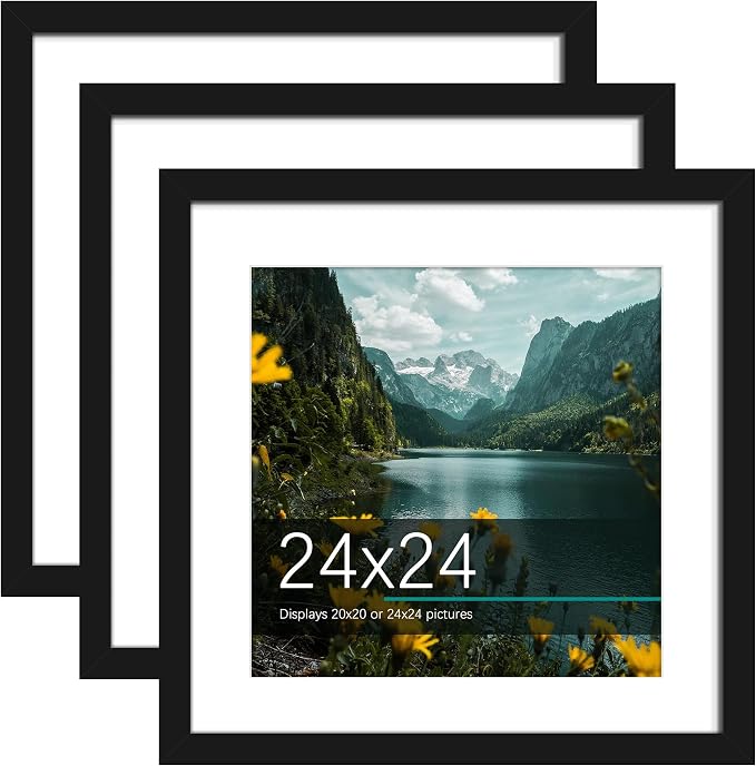 Picrit 24x24 Picture Frame 3 Pack, Black Poster Frame, Display Poster 20 x 20 with Mat or 24 x 24 without Mat for Horizontal or Vertical Wall Mounting