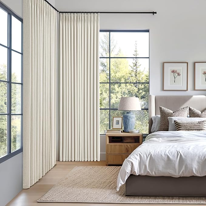 MIULEE Pinch Pleated Blackout Curtains Extra Wide 60 Inches, Natural Linen Blend for Sliding Doors, Memory Trained Thermal Insulated Drapes for Bedroom Living Room, 84 Inches Long, 2 Panels