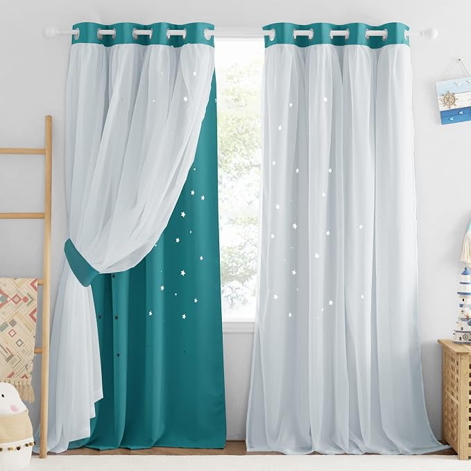 NICETOWN Star Blackout Curtains for Kids Bedroom, Grommet Top Curtains for Nursery Living Room Double Layer Star Cut Out Bedroom Curtains Decor, Set of 2 Panels, 52 x 84 inches, Peacock Teal