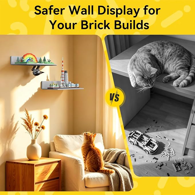 BlissBox 4-Pack Display Shelves for Wall Compatible with Lego Building Bricks, 11.3x6.3inch Dual‑Sided 36x20 Studs for Toy Brick Storage and Display, ABS Display Shelves for Room Decor, Gray
