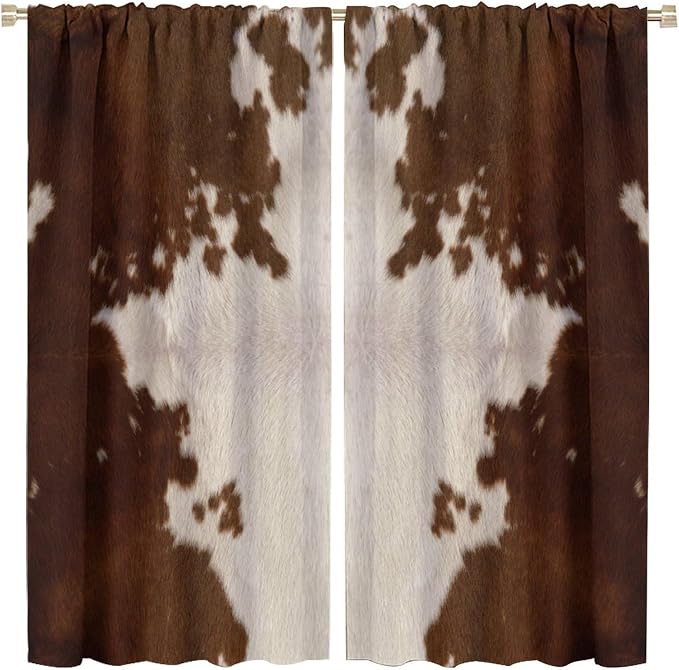 Cow Print Blackout Curtain, Animal Fur Brown Cowhide Western Farm Style Window Treatments Rod Pocket Curtain for Bedroom Living Room Kitchen Decor Drapes 42x45in