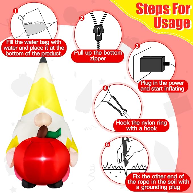 4FT Back to School Inflatable Gnome Outdoor Decorations Blow-up Inflatables Pencil Gnome with Apple Built-in 2 LED Lights for First Day of School Party Back to School Classroom Decor for Yard Lawn