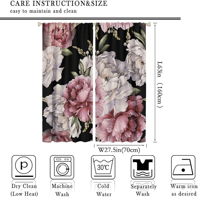 Black Boho Floral Curtain Vintage Watercolor Rose Peony Retro Pink Blossom Flowers Rustic Spring Lea for Home Kitchen Restaurant Decoration Drapes 2 Panels 55x63in, Style-3