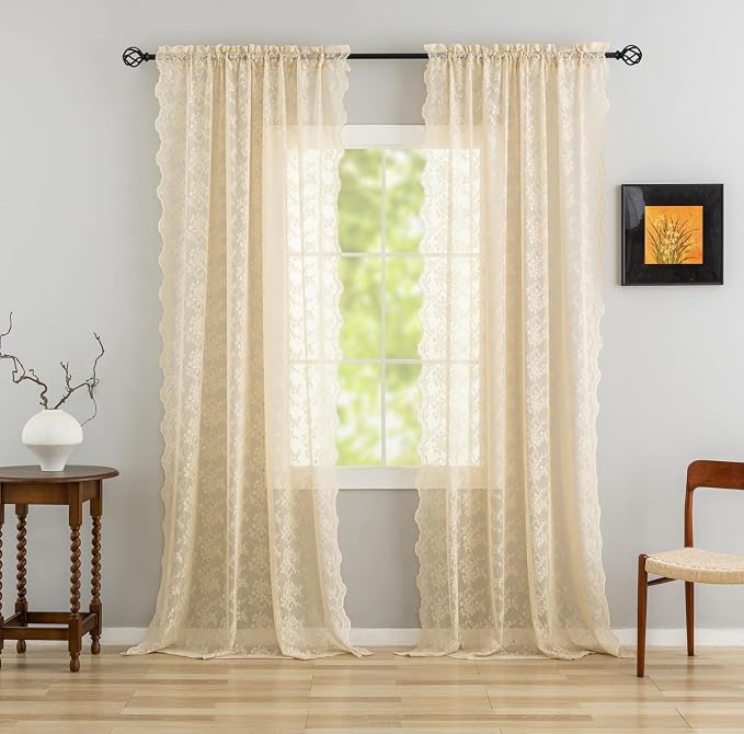 YJ YANJUN Vintage Lace Curtains 84 Inches Long-Retro Floral Beige Sheer Curtain Panels for Living Room Bedroom Shabby Chic Crochet Drapes Grandma Core Decor Light Filtering Pair W52 X L84 Light Beige