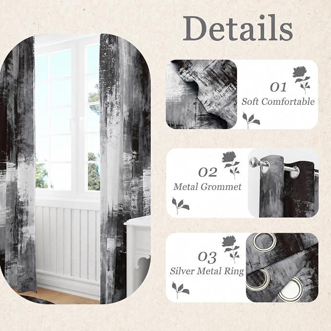 Abstract Black and Grey Blackout Curtains, Boho Retro Rust Gray Neutral Modern Geometric Darkening Thermal Insulated Grommet Light Blocking Drape Decor, 52 x 84 Inch Long 2 Panels