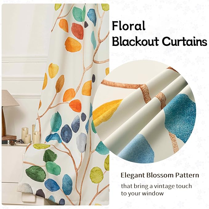 Boho Watercolor Leaf Floral Blackout Curtains, Colorful Bohemian Print Window Drapes, Grommet 2 Panels Set for Bedroom Living Room Home Decor, 52x84 Inch