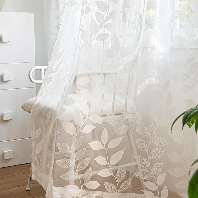 Treatmentex Lace White Sheer Curtains for Living Room 84inch Vintage Botanical Floral Leaf Semi Sheer Window Curtain Panel for Bedroom 54" W 2pcs Rod Pocket 7ft Floor Length