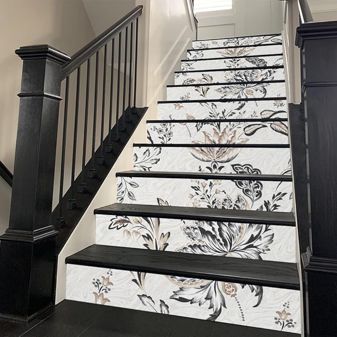 REDAMANCY Vintage White Grey Black Flower Paisley Peel and Stick Vinyl Stair Riser Decals Staircase Tile Stickers Decor Modern Marble Decoration Self-Adhesive(14 Pcs)