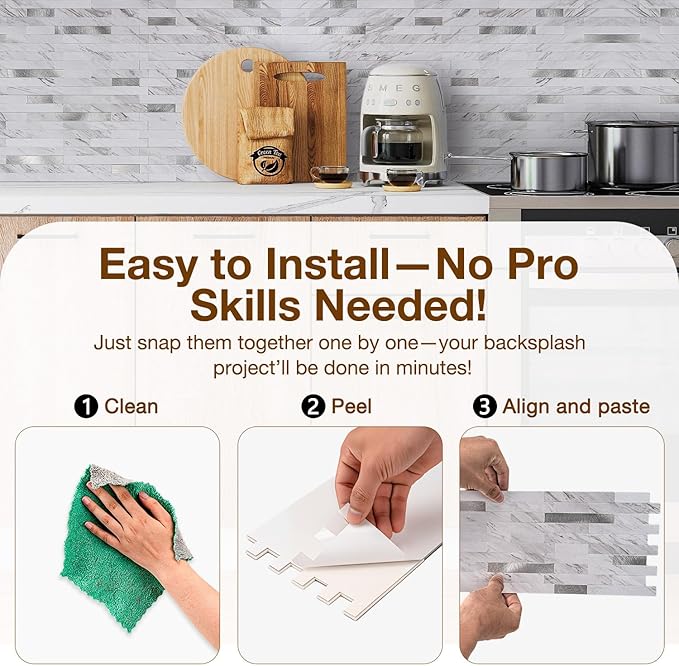 Peel and Stick Backsplash Tile Waterproof Removable PVC Wall Sticker 3D Faux Stone Marble Brick White Accent Panels (White Marble - Metal Silver, 40 Tiles - 18 sq. ft. (1.68 m²)