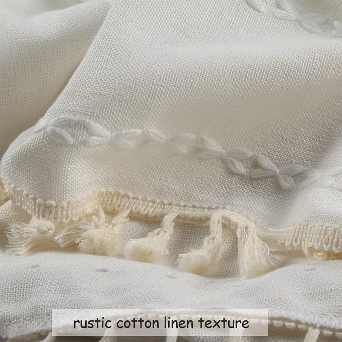 Boho Curtains Semi-Blackout 84 Inch 2 Panels for Living Room, Linen Tassels Farmhouse Curtains with Embroidery for Bedroom Rod Pocket Draperies 52" W x 84" L, Off White