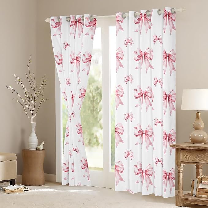 Erosebridal Kids Bow Window Curtain Cute Kawaii Bowknot Curtain Watercolor Bow Tie Princess Window Treatments 52" Wx63 L for Girls Teen Women,Pink White Bow Curtains & Drapes